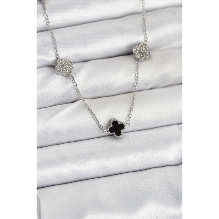 316L Çelik Zincir Gümüş Renk Siyah ve Zirkon Taşlı Baby Boy Yonca Kadın Kolye - TJ-BKO10591