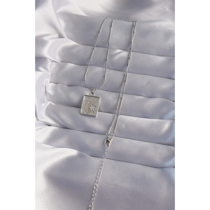 316L Çelik Zincir Gümüş Renk Zirkon Taşlı Ay Yıldız Figürlü Tarot Kolye - TJ-BKO9022