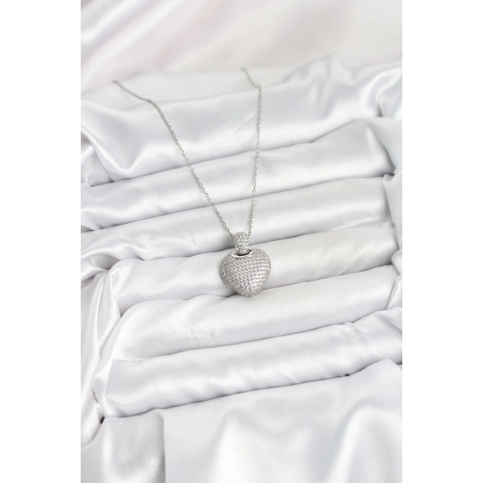 316L Çelik Zincir Gümüş Renk Zirkon Taşlı Kalpli Kadın Kolye - TJ-BKO10606