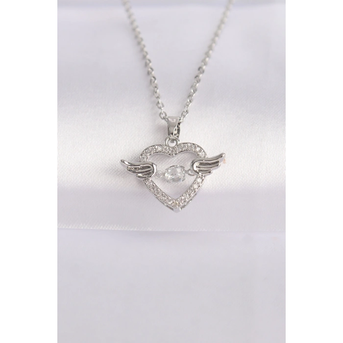 316L Çelik Zincir Gümüş Renk Zirkon Taşlı Kanatlı Kalp Kolye - TJ-BKO8627