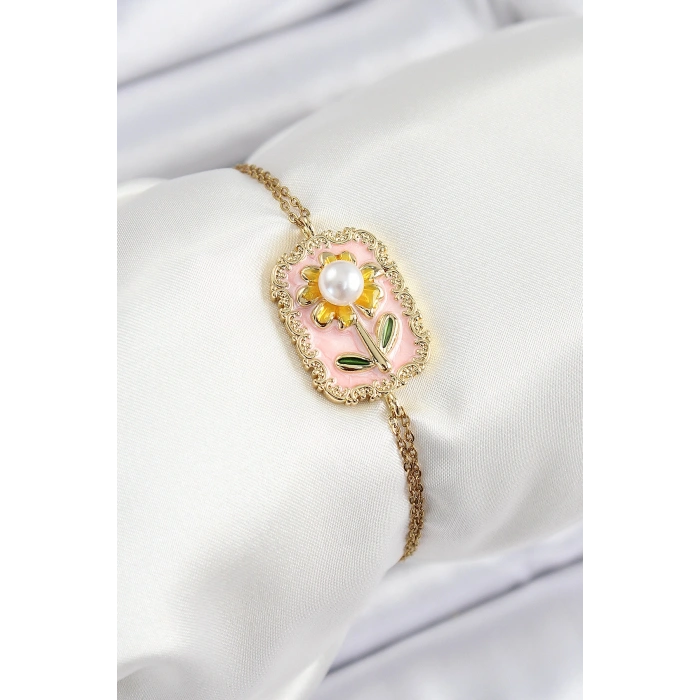 316L Çelik Zincir Pembe Mineli Sanatsal Portre İnci Detaylı Papatya Model Gold Renk Kadın Bileklik - TJ-BB7232
