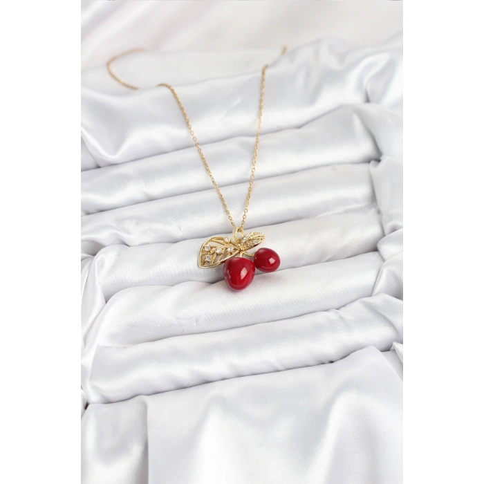 316L Çelik Zincir Yapraklı Kiraz Model Gold Renk Kadın Kolye - TJ-BKO10613