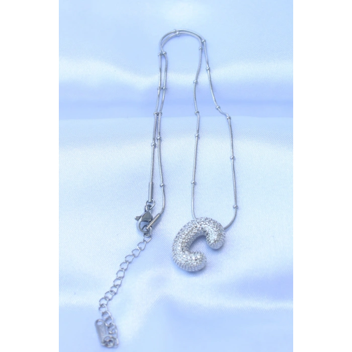 316L Çelik Zincirli Zirkon Taşlı C Harfli Gümüş Renk Bubble Kolye - TJ-BKO8716