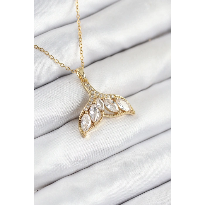 316L Çelik Zirkon Taşlı Balık Kuyruğu Model Gold Renk Kadın Kolye - TJ-BKO10511