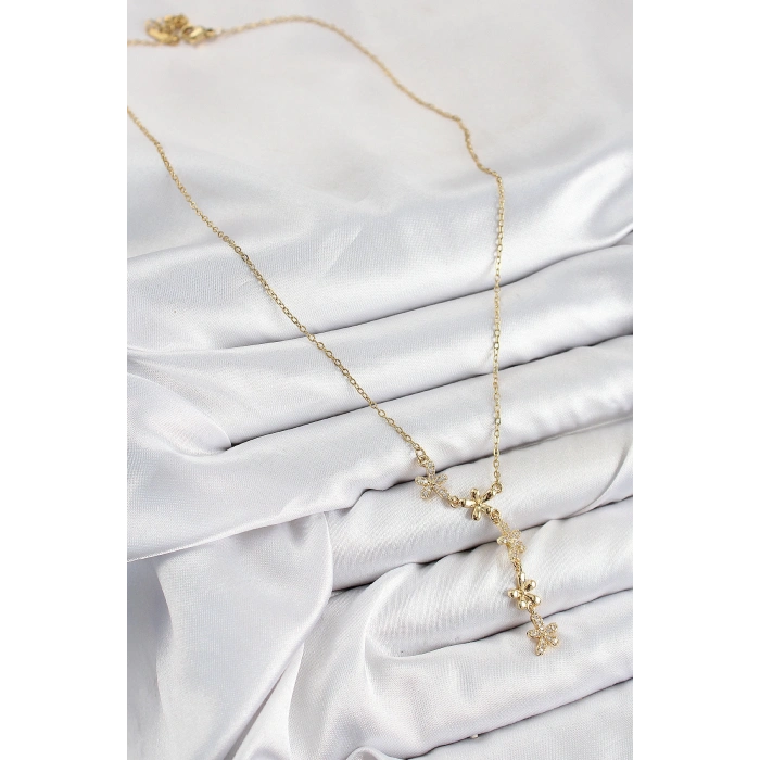 316L Çelik Zirkon Taşlı Çiçek Model Gold Renk Kadın Kolye - TJ-BKO10407