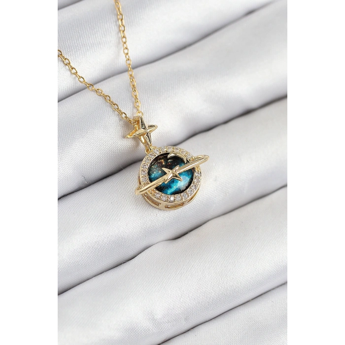 316L Çelik Zirkon Taşlı Gezegen Model Gold Renk Kadın Kolye - TJ-BKO10508