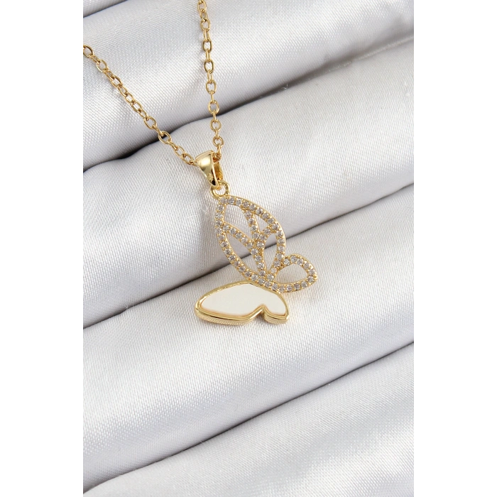 316L Çelik Zirkon Taşlı Model Gold Renk Kadın Kolye - TJ-BKO10359