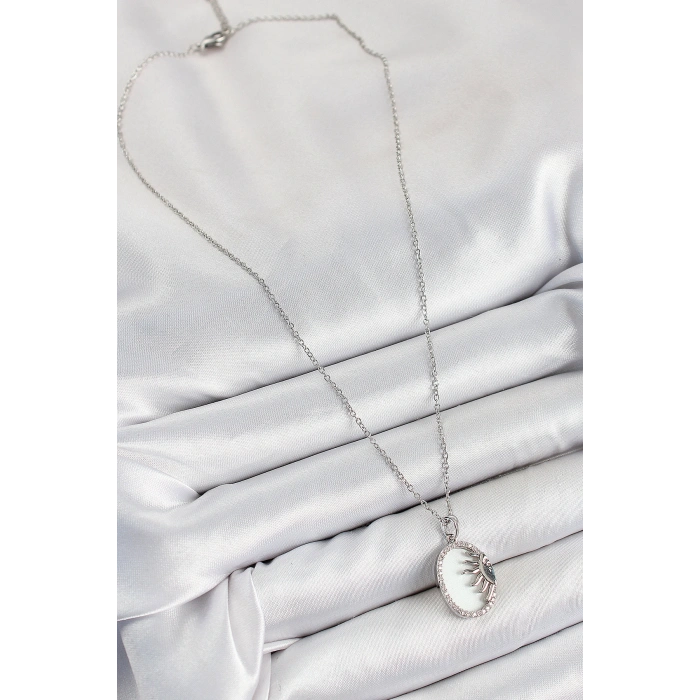 316L Çelik Zirkon Taşlı Yarım Güneş Model Gümüş Renk Kadın Kolye - TJ-BKO10344