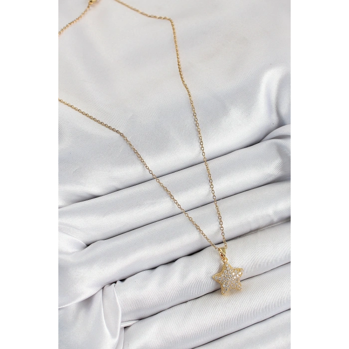 316L Çelik Zirkon Taşlı Yıldız Model Gold Renk Kadın Kolye - TJ-BKO10351