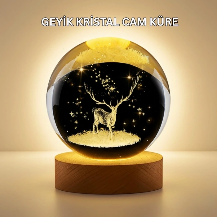 3D  İşlemeli Geyik Kristal Küre Sıcak Işıklı Gece Aydınlatması