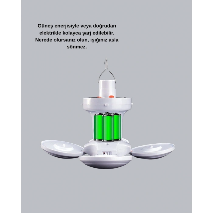 5 Kanatlı Solar Kamp Lambası – USB Şarjlı, Taşınabilir, IP65 Su Geçirmez Bahçe Lambası