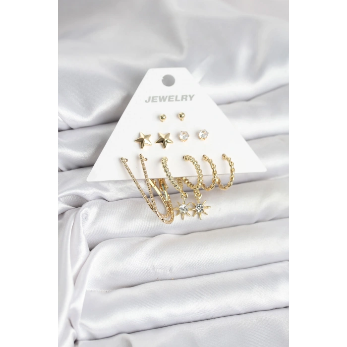 6 Çift Kadın Küpe Seti Gold Renk - TJ-BKP11318