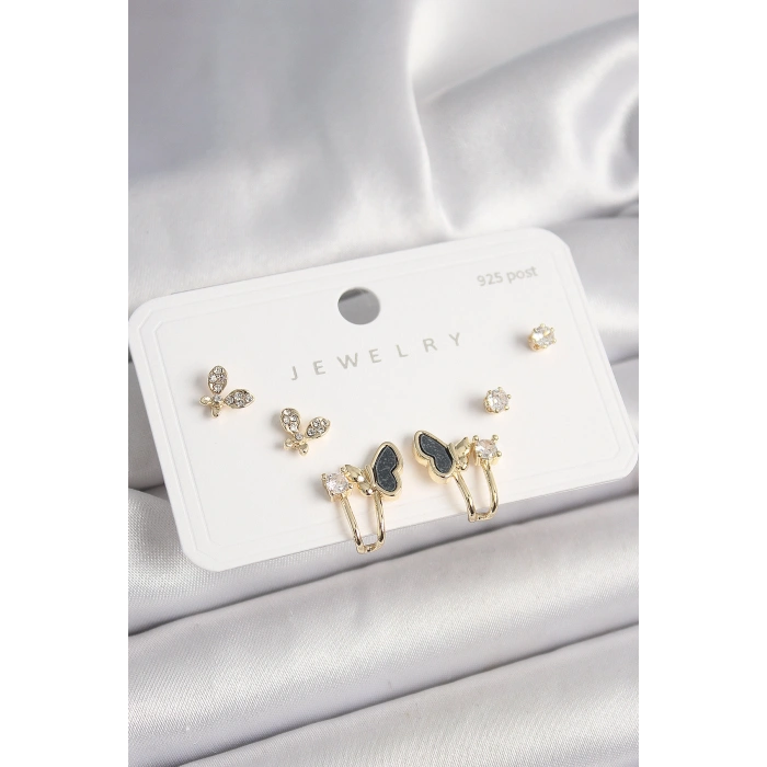 925 Ayar Gümüş Çivi Pirinç Zirkon Taşlı Model Kadın Küpe Seti - TJ-BKP10405