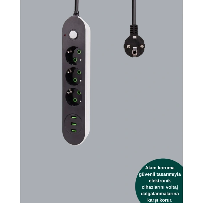 Akım Korumalı Anahtarlı USB Girişli Üçlü Priz