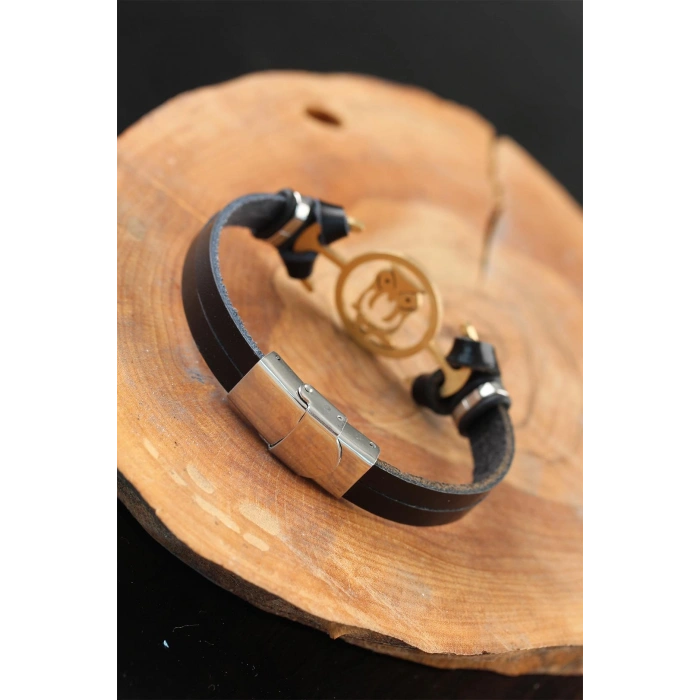 Gold Renk Baykuşlu Metal Aksesuarlı Siyah Renk Deri Erkek Bileklik - TJ-EB2542-KS