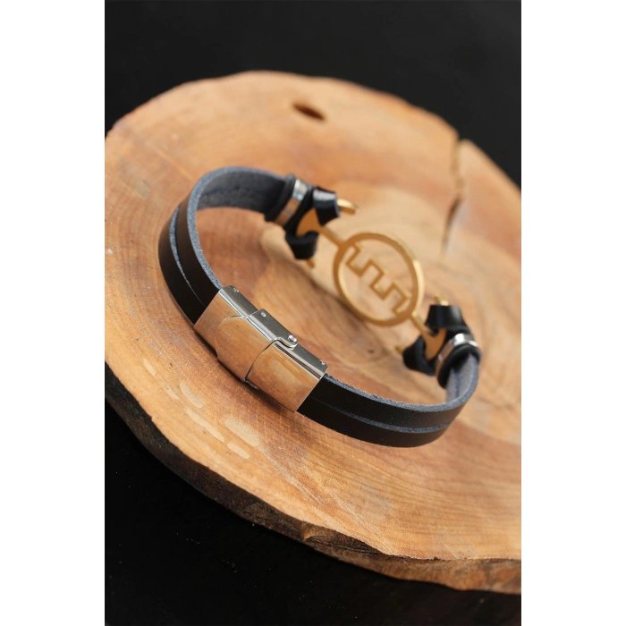 Gold Renk Metal Labirent Tasarım Siyah Renk Deri Erkek Bileklik - TJ-EB2555-KS