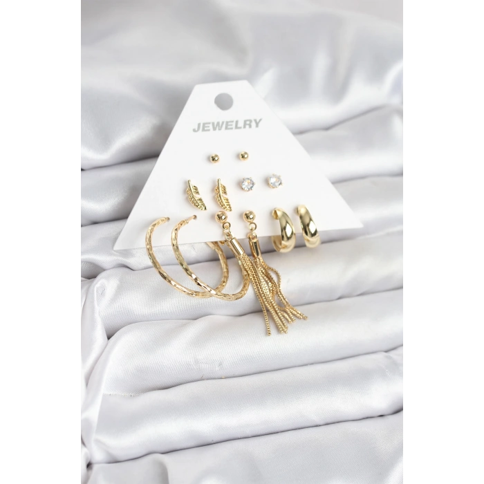 Gold Renk Pirinç Kadın 6 Çift Küpe Seti - TJ-BKP11317