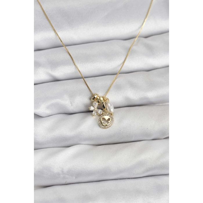 Gold Renk Pirinç Minimal Charmlı Kadın Kolye - TJ-BKO10796