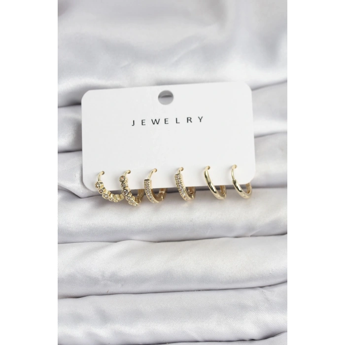 Gold Renk Pirinç Zirkon Taşlı Kadın Küpe Seti - TJ-BKP11477