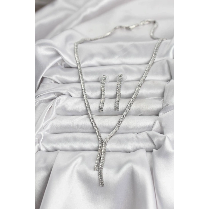 Gümüş Renk Baget Zirkon Taşlı Kadın Kolye Küpe Set - TJ-BKO10637