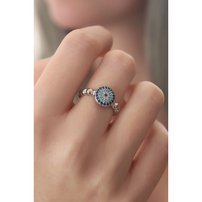 Gümüş Renk Nazar Boncuk Figür Zirkon Taş Detay Kadın Yüzük - TJ-BYK2414