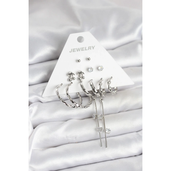 Gümüş Renk Pirinç 6lı Kadın Küpe Seti - TJ-BKP11341