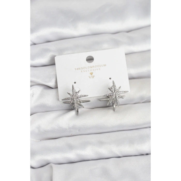 Gümüş Renk Pirinç Çift Taraflı Kutup Yıldızı Kadın Küpe - TJ-BKP11511