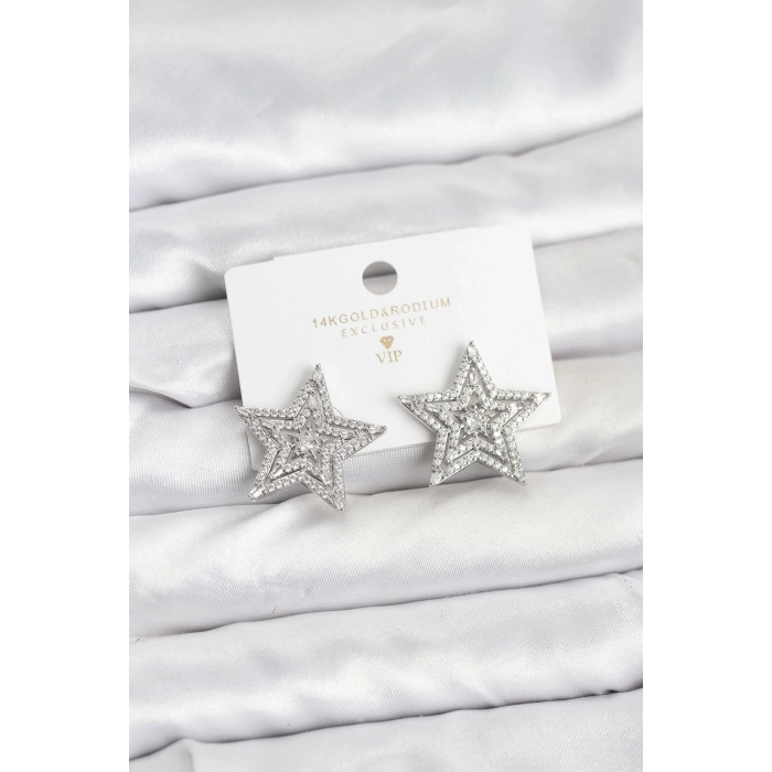 Gümüş Renk Pirinç Zirkon Taşlı Yıldız Model Kadın Küpe - TJ-BKP11513