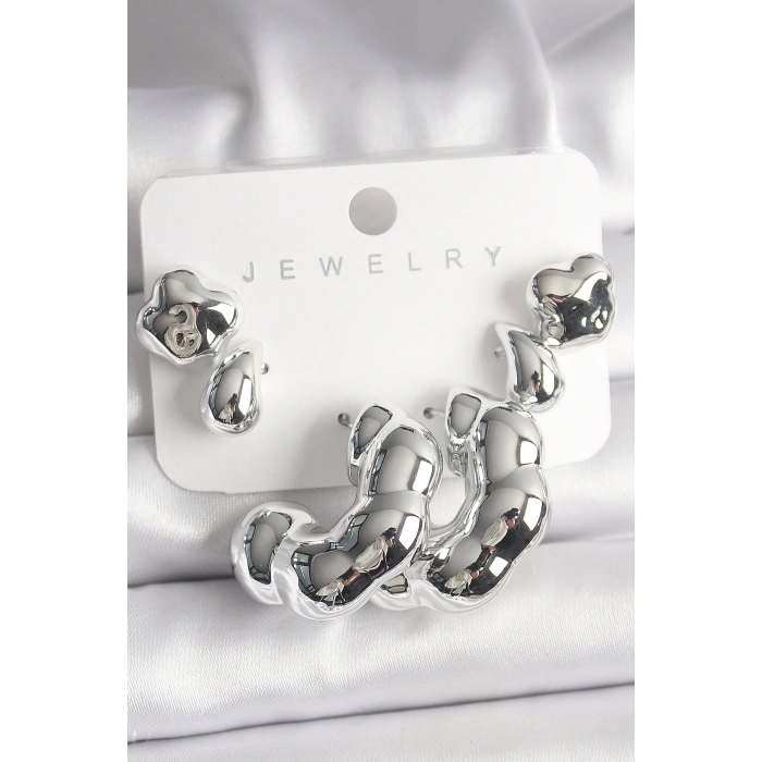 Gümüş Renk Yonca Damla Halka Model CCB Plastik Kadın Küpe Seti - TJ-BKP10027