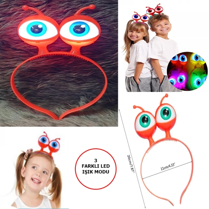 Led Işıklı & Pilli 3 Farklı Modda Yanan Uzaylı Göz Parti Tacı Kırmızı Renk 18x12 cm