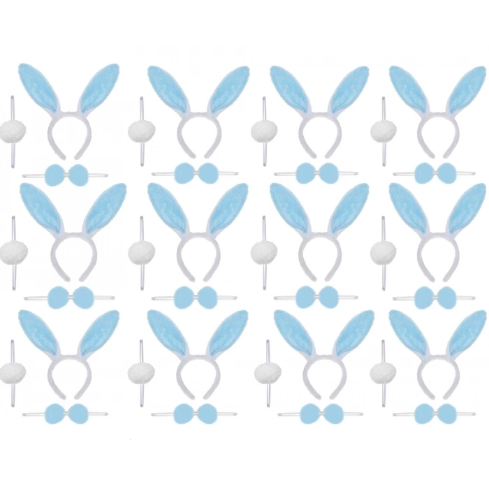 Mavi Tavşan Kostüm Seti – Taç Papyon Ponpon 12 li Paket