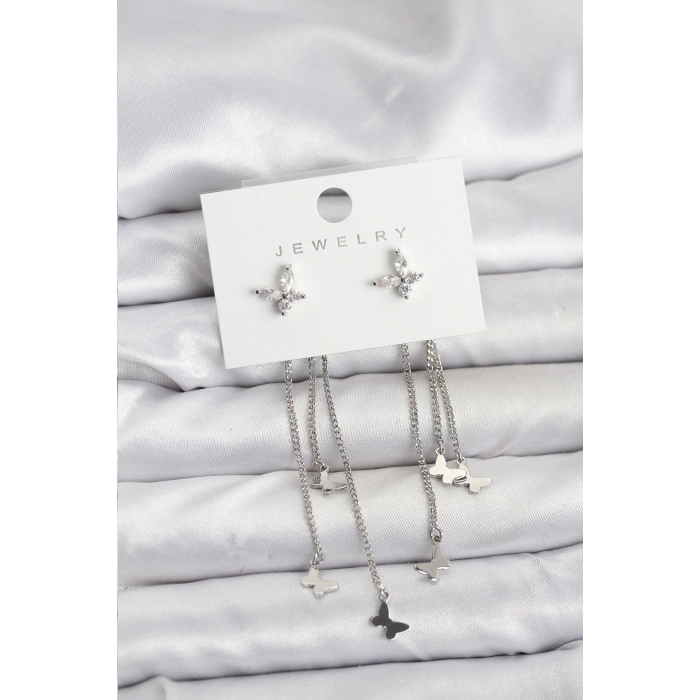 Model Gümüş Renk Pirinç Sallantılı Kadın Küpe - TJ-BKP11456