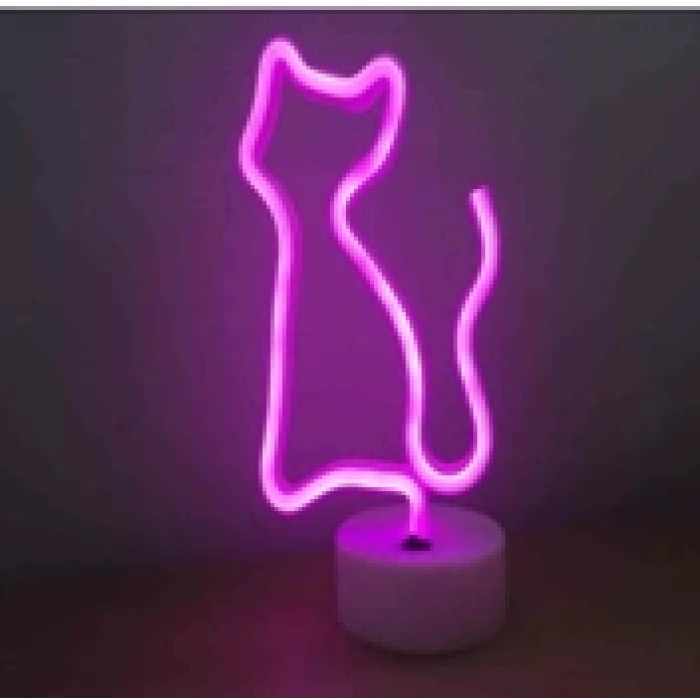 Neon Işıklı Kedi Lamba Pil ve Usb Pembe Işık MZ6200-260