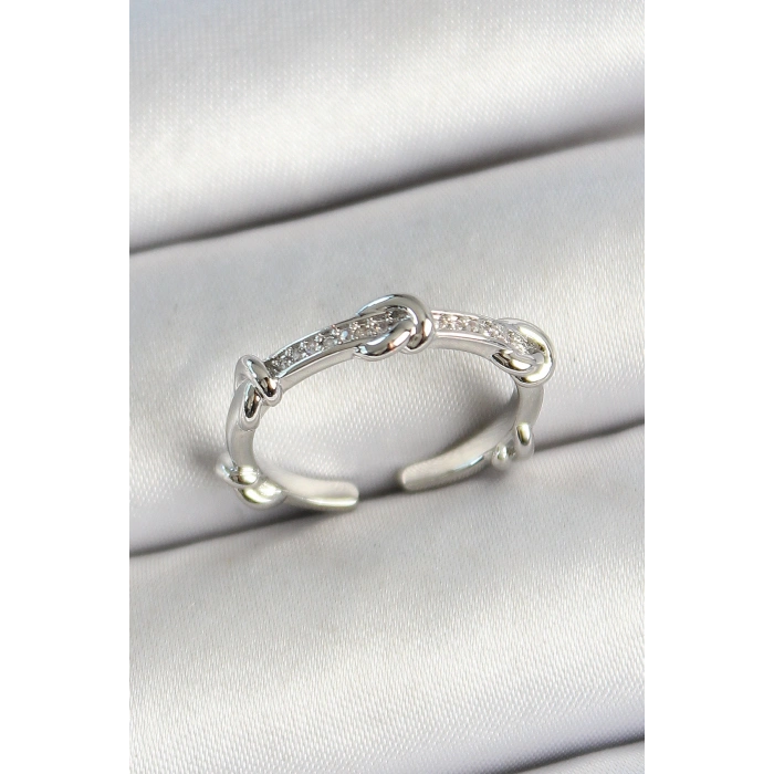 Pirinç Düğüm Figürlü Zirkon Taşlı Gümüş Renk Ayarlanabilir Kadın Yüzük - TJ-BYK3777