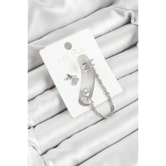 Pirinç Figürlü Zirkon Taşlı Gümüş Renk 3lü Kıkırdak Kadın Küpe Set - TJ-BKP10659