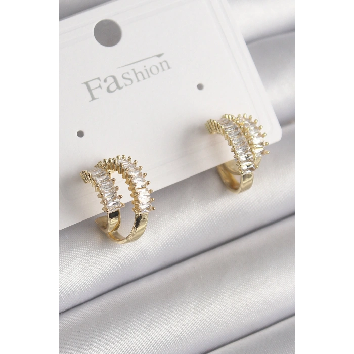 Pirinç Gold Renk 2Li Zirkon Taşlı Halka Model Kadın Küpe - TJ-BKP9975