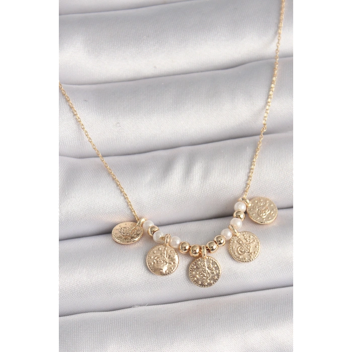 Pirinç Gold Renk 5Li Osmanlı Tuğra Figür İnci Detay Kadın Kolye - TJ-BKO9825