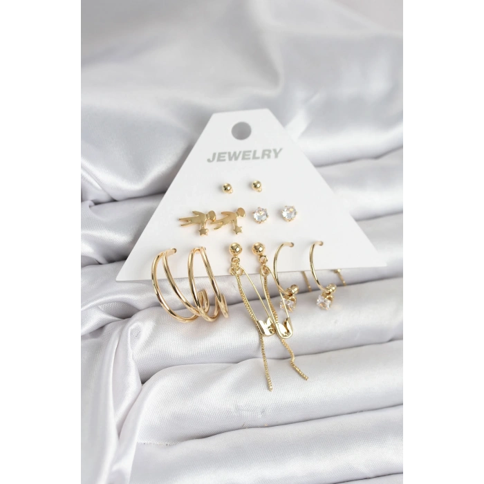Pirinç Gold Renk 6 Çiftli Kadın Küpe Seti - TJ-BKP11327