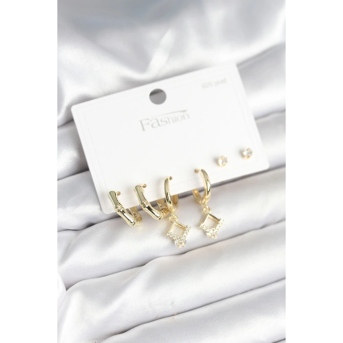 Pirinç Gold Renk 925 Ayar Gümüş Çivili Kadın Küpe Seti - TJ-BKP11260