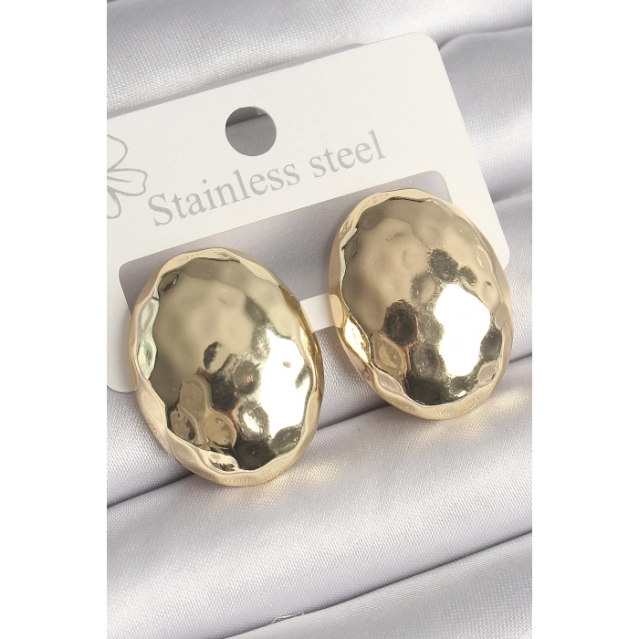 Pirinç Gold Renk İşlemeli Bombe Oval Model Kadın Küpe