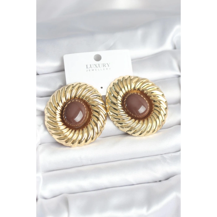 Pirinç Gold Renk Kahverengi Boncuklu Vintage Kadın Küpe - TJ-BKP11386
