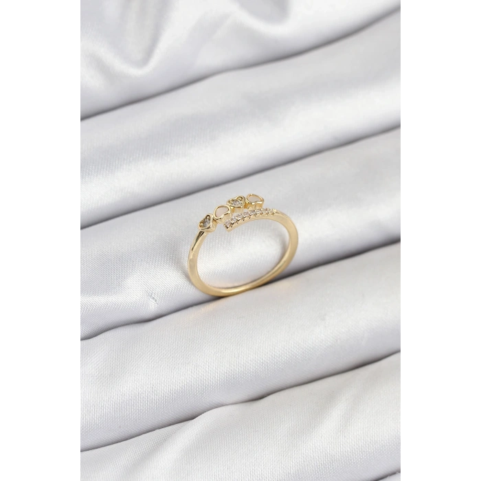 Pirinç Gold Renk Kalpli Detaylı Zirkon Taşlı Kadın Yüzük - TJ-BYK3840