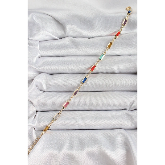 Pirinç Gold Renk Karışık Renkli Kare Zirkon Taşlı Kadın Bileklik - TJ-BB7040