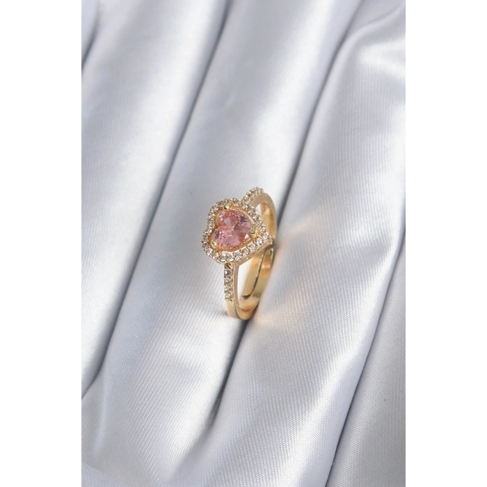 Pirinç Gold Renk Pembe Zirkon Taş Kalp Charm Model Kadın Yüzük - TJ-BYK2860