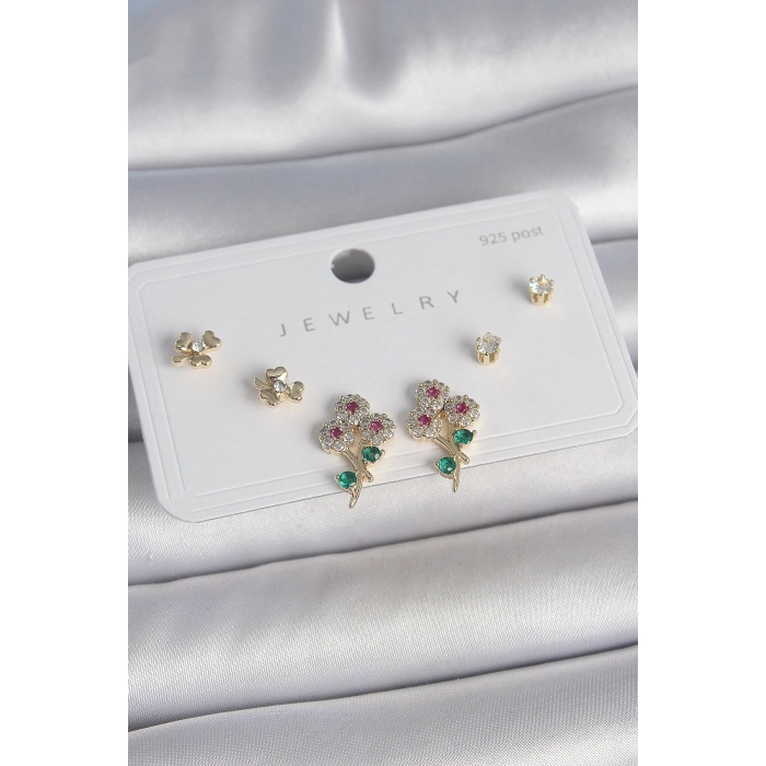 Pirinç Gold Renk Renkli Zirkon Taşlı Çiçek Model Yaprak Detay 925 Ayar Gümüş Çivi Kadın Küpe Seti - TJ-BKP10486