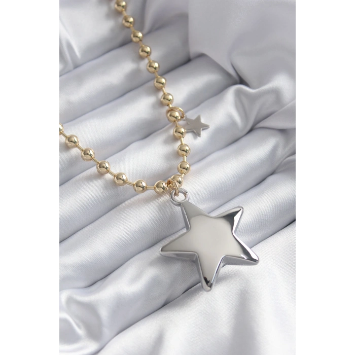 Pirinç Gold Renk Topçuk Zincir Gümüş 3D Yıldız Model Yıldız Detay VİP Kadın Kolye - TJ-BKO7887