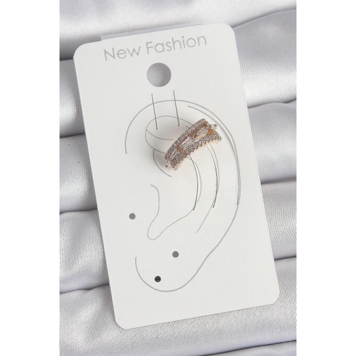 Pirinç Gold Renk Zirkon Taşlı 3Lü Sıralı Model Kadın Kıkırdak Küpe - TJ-BKP10580