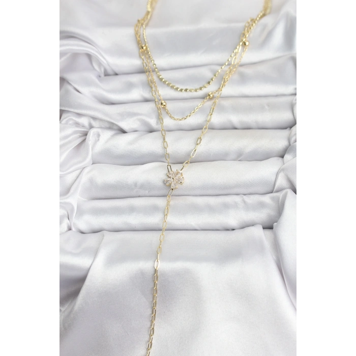 Pirinç Gold Renk Zirkon Taşlı Çiçek Model Detaylı 3lü Kombin Y Kadın Kolye