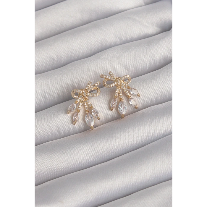 Pirinç Gold Renk Zirkon Taşlı Fiyonk Küpe - TJ-BKP9293