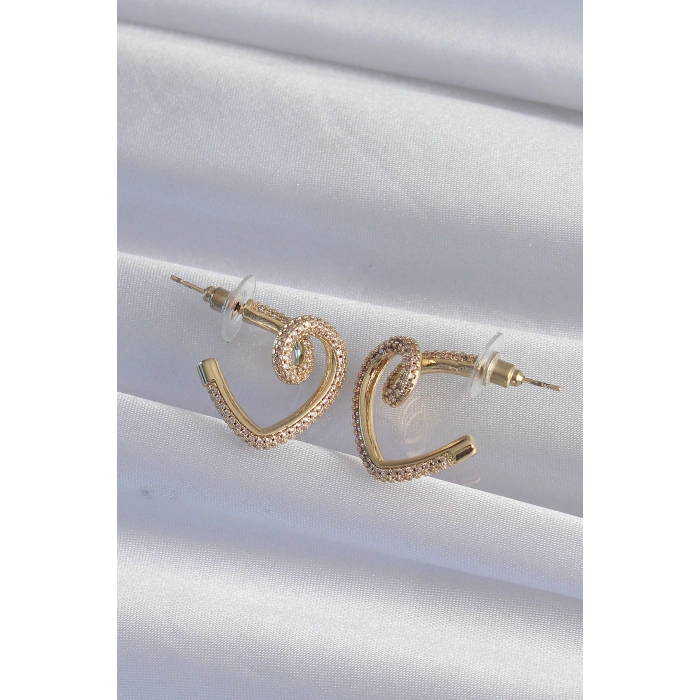 Pirinç Gold Renk Zirkon Taşlı Kıvrımlı Yarım Kalp Küpe - TJ-BKP9279